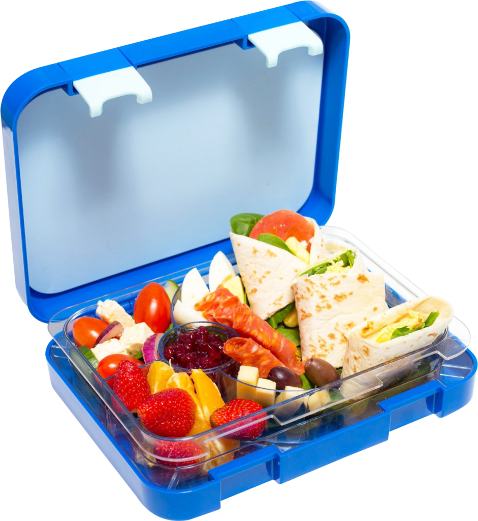 Colorful Healthy Lunch Tiffin: Fresh Fruits, Wraps & Dips Wallpaper