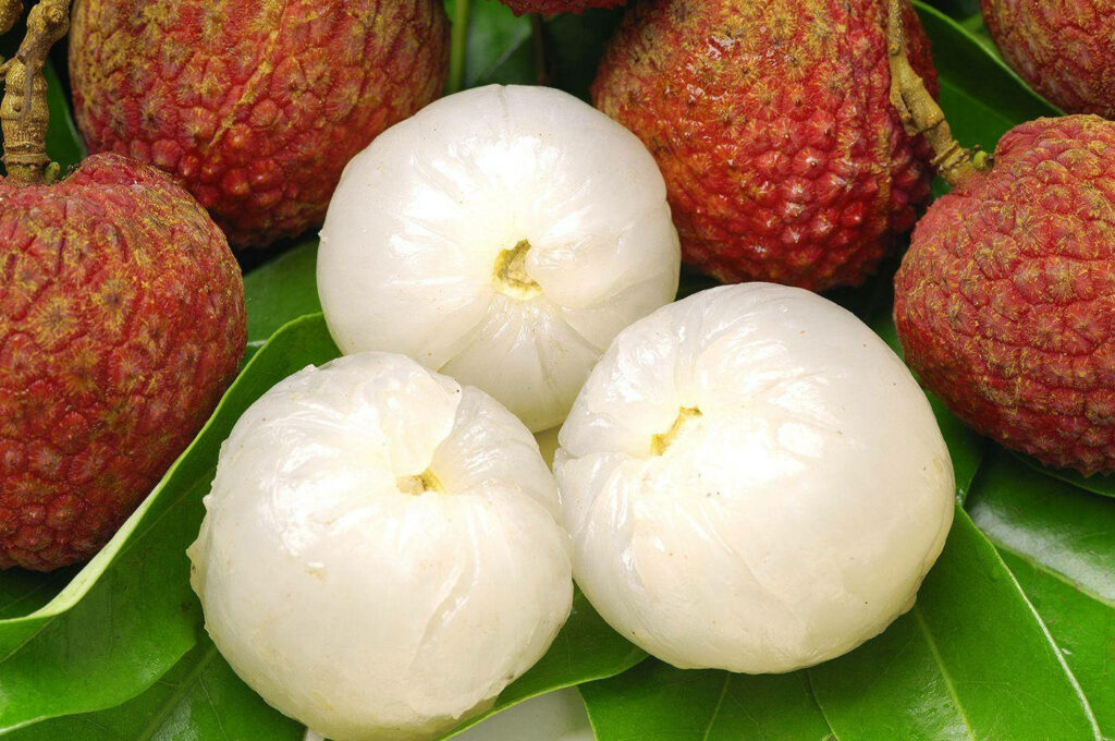 Vibrant Lychee Wallpaper: Red Fruit on Green Leaves Background