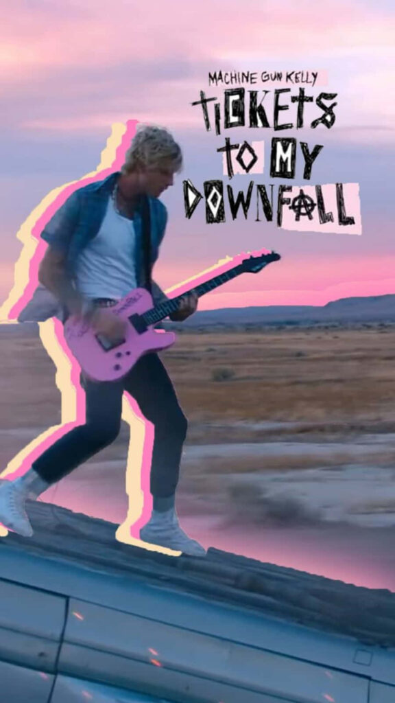 Vibrant MGK Wallpaper: Pink Guitar & Desert Sunset Background