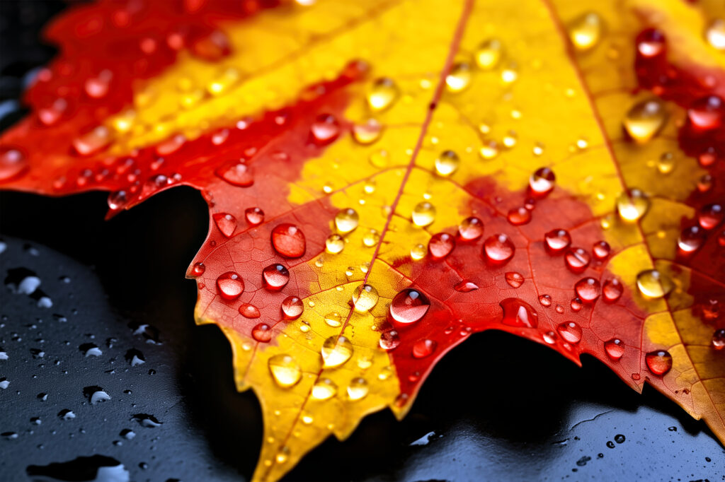 Vibrant Maple Leaf Macro in Autumn: Red, Yellow & Water Droplets Wallpaper