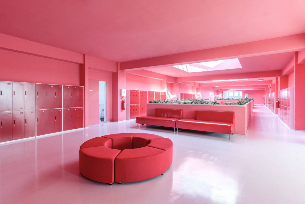 Modern magenta room with circular red sofa natural light lockers minimalist design wallpaper
