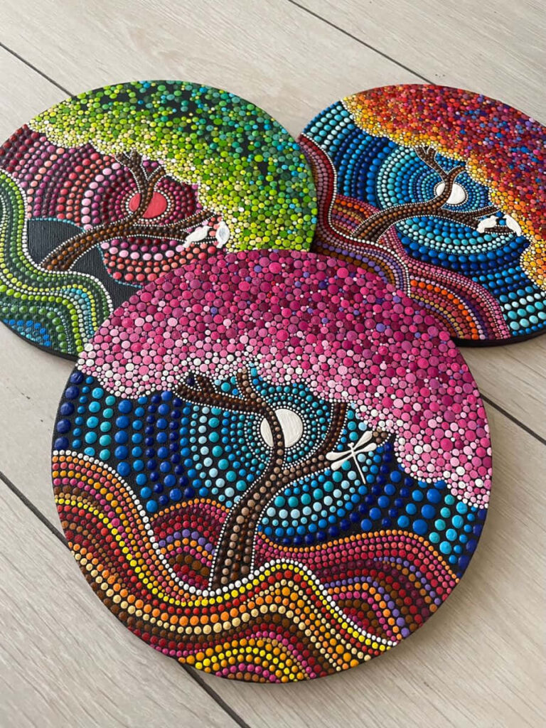 Vibrant Round Mandala Art: Colorful Tree Wallpaper in Dot Painting