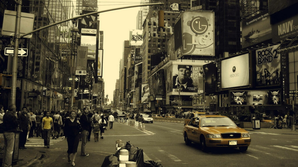 Vibrant Manhattan Street Scene Wallpaper: Taxis, People & Billboards