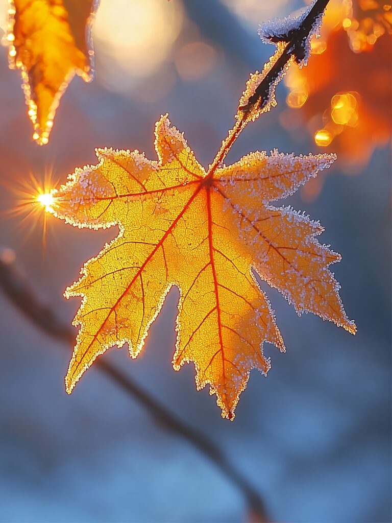 Frosty Maple Leaf: A Warm Autumn Glow - Wallpaper Background