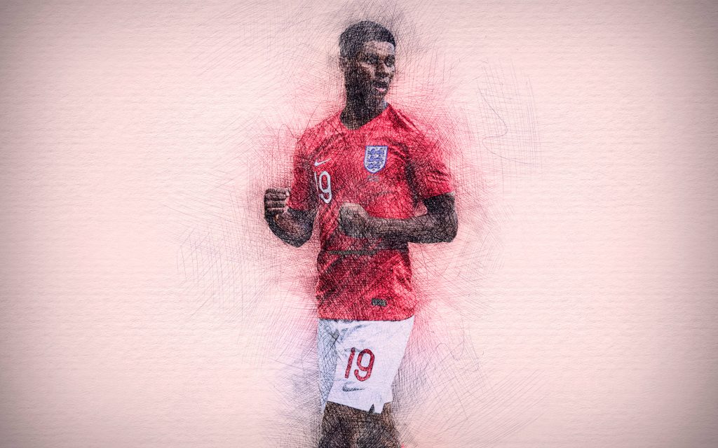 Marcus Rashford digital art wallpaper number 19 kit textured scribble sketch red tones background
