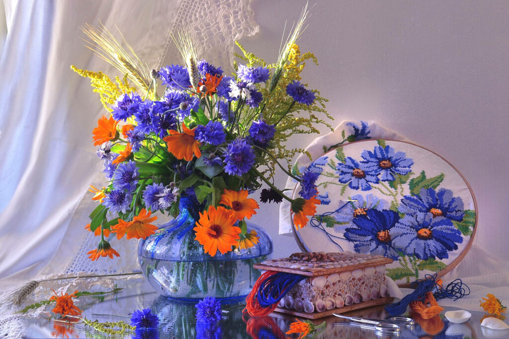 Colorful Marigolds & Cornflowers: Artistic Flower Wallpaper Background