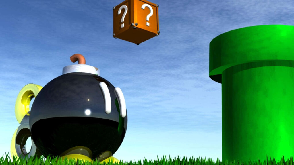 Bob-omb on green grass with question block and warp pipe Mario wallpaper bright blue sky background