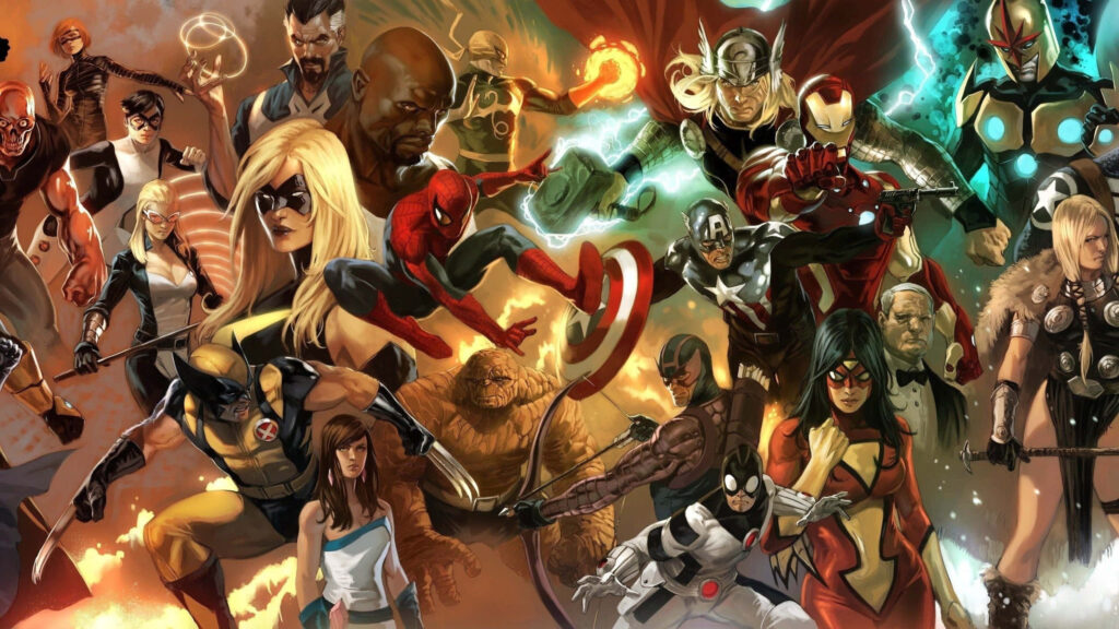 Vibrant Marvel Comics Fanart Wallpaper with Iconic Superheroes