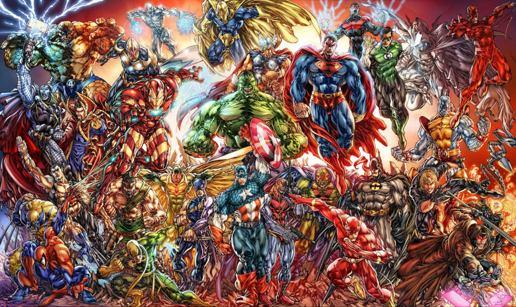 Marvel superheroes Hulk Iron Man Thor Captain America action poses vibrant comic-style wallpaper