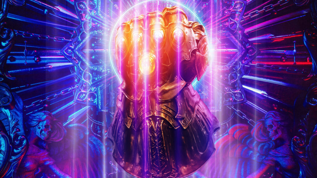 Marvel Infinity Gauntlet glowing with vibrant colors on cosmic purple energy wallpaper background