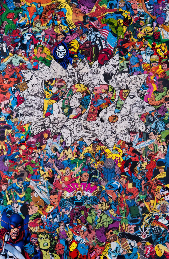 Marvel Pop Superhero Collage wallpaper with iconic heroes and villains in bold comic style explosion