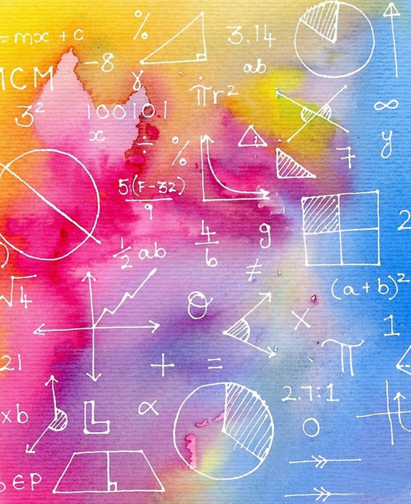 Colorful watercolor math wallpaper with white handwritten equations geometry formulas symbols