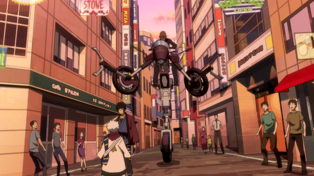 Vibrant Megalo Box Wallpaper: Futuristic Street Scene with Motorcycle