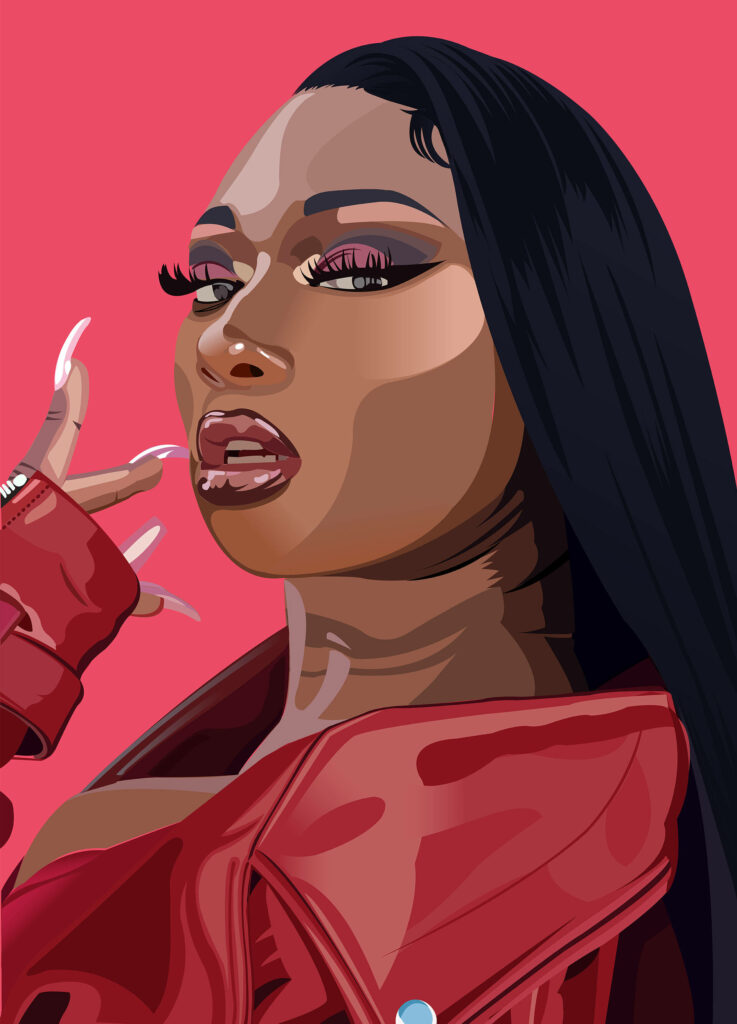 Vibrant Megan Thee Stallion Fan Art Wallpaper with Bold Red Background