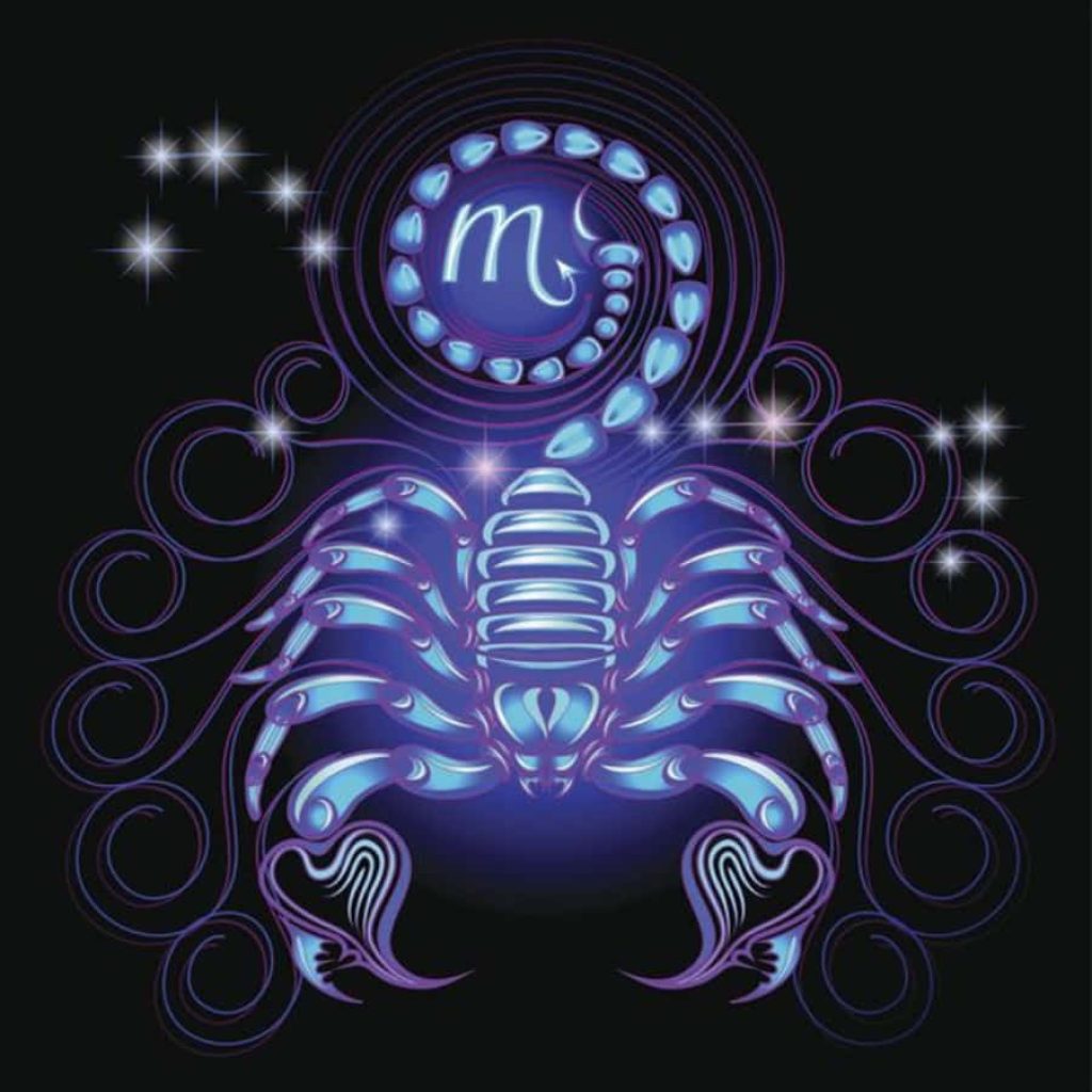 Metallic blue Scorpio scorpion with zodiac symbol on cosmic black background wallpaper
