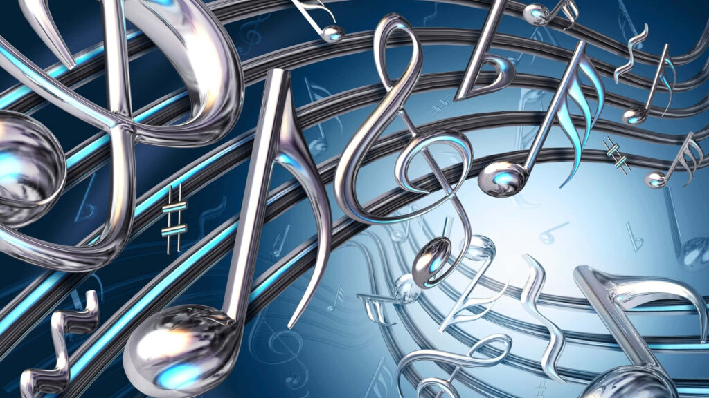 Vibrant Metallic Music Notes Wallpaper on Glowing Blue Background