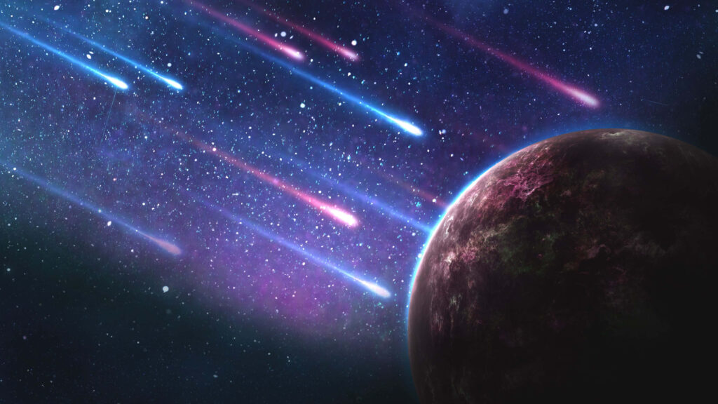 Vibrant Meteor Shower Wallpaper: Cosmic Night Sky & Planet