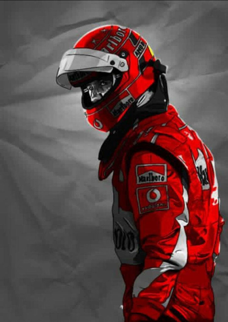 Vibrant Michael Schumacher Cartoon Wallpaper in Iconic Red Overalls