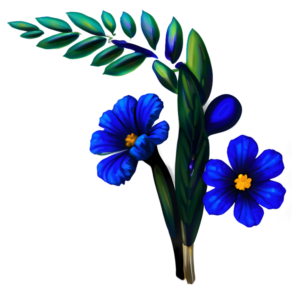 Midnight Blue Flower Wallpaper with Lush Green Leaves - Elegant Design