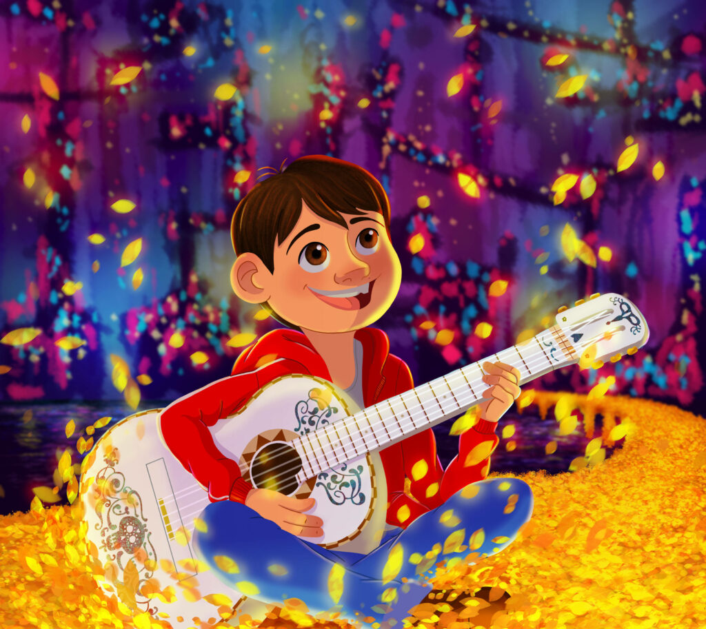 Vibrant Coco Wallpaper: Miguel Playing Guitar on Marigold Petals