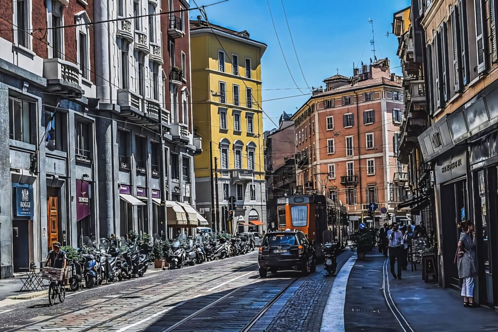 Vibrant Milan Street Scene: Charming Architecture & Colorful Buildings Wallpaper