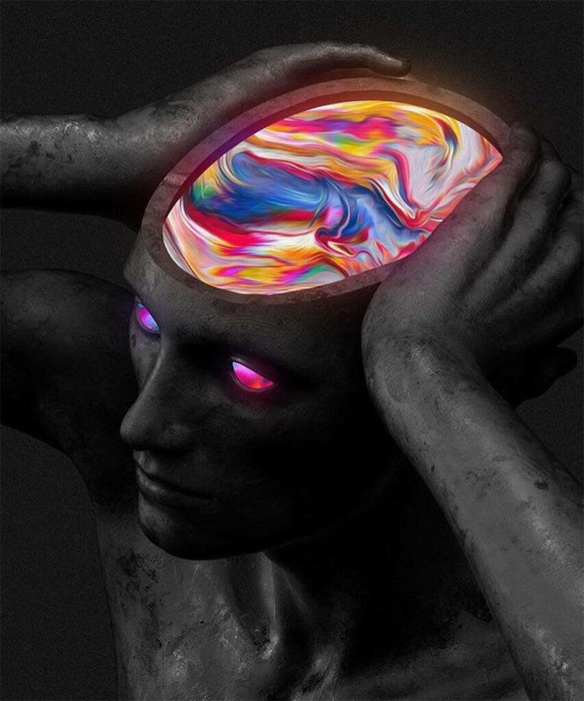 Vibrant Mind: Dark Statue with Colorful Swirl and Luminescent Eyes Wallpaper