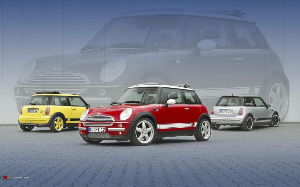 Vibrant Mini Cooper Wallpaper: Red, Yellow, Silver Art Background