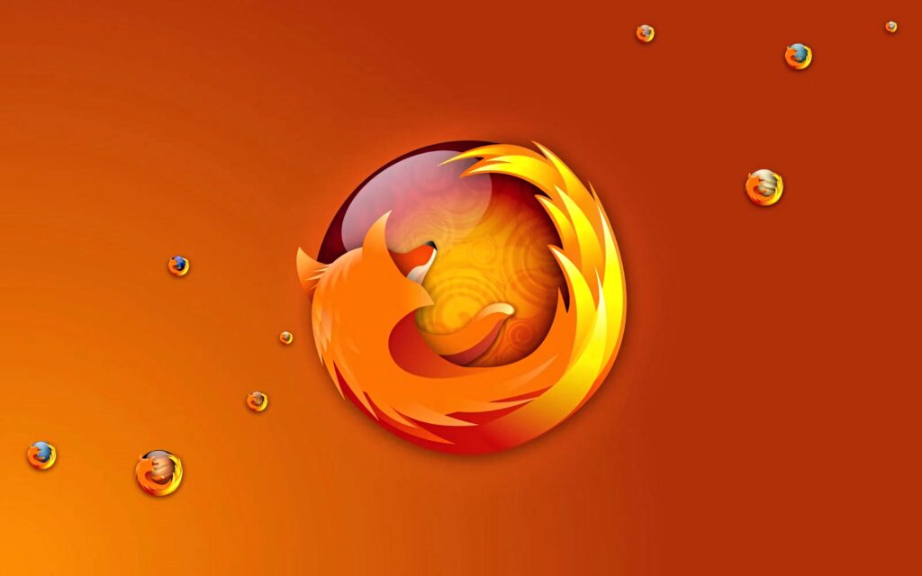 Vibrant mini Mozilla Firefox red logo on warm orange gradient with floating Firefox icons wallpaper