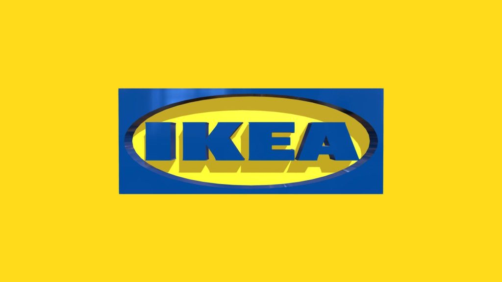 Minimalist 3D IKEA logo in blue oval on vibrant yellow background digital wallpaper design