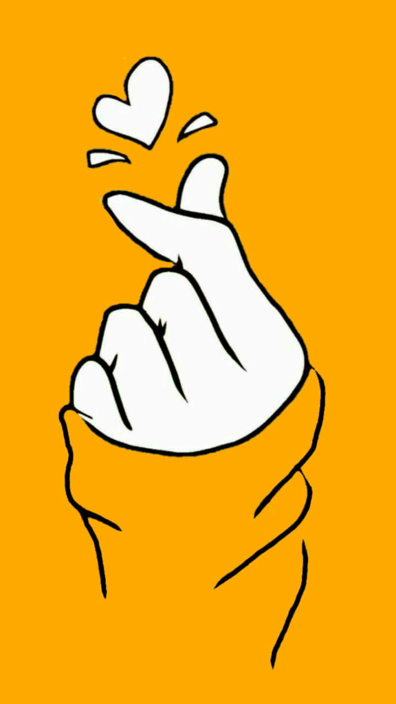 Vibrant Finger Heart Illustration on Mustard Yellow Wallpaper