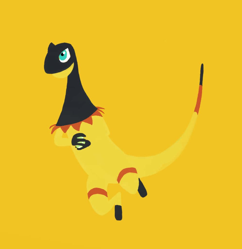 Minimalist vibrant vector illustration of Pokémon Heliolisk with yellow and black frill background Wallpaper