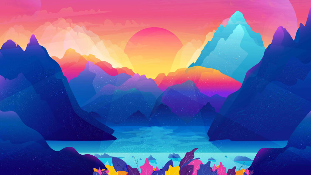Vibrant Minimalist Mountain Lake Wallpaper with Sunset Glow