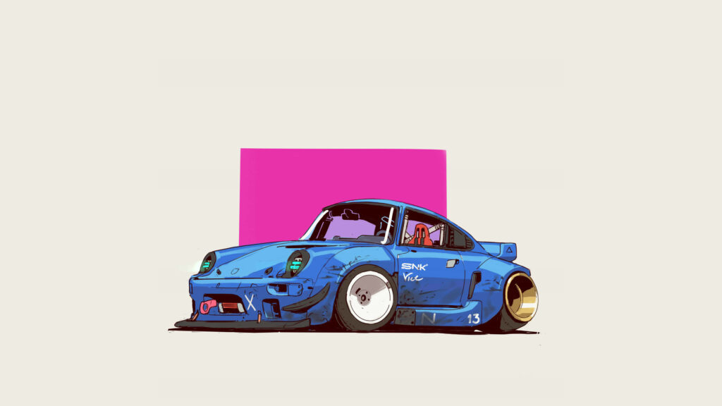 Vibrant Minimalist Retro Wallpaper: Blue Race Car & Pink Accent