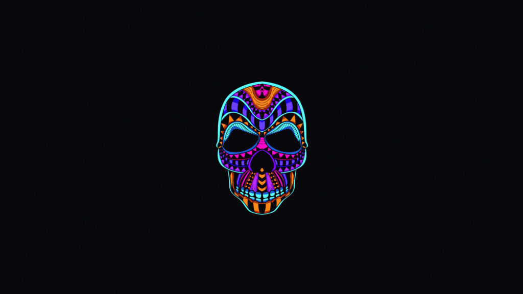 Vibrant Minimalist Skull Wallpaper in Neon Patterns on Black Background