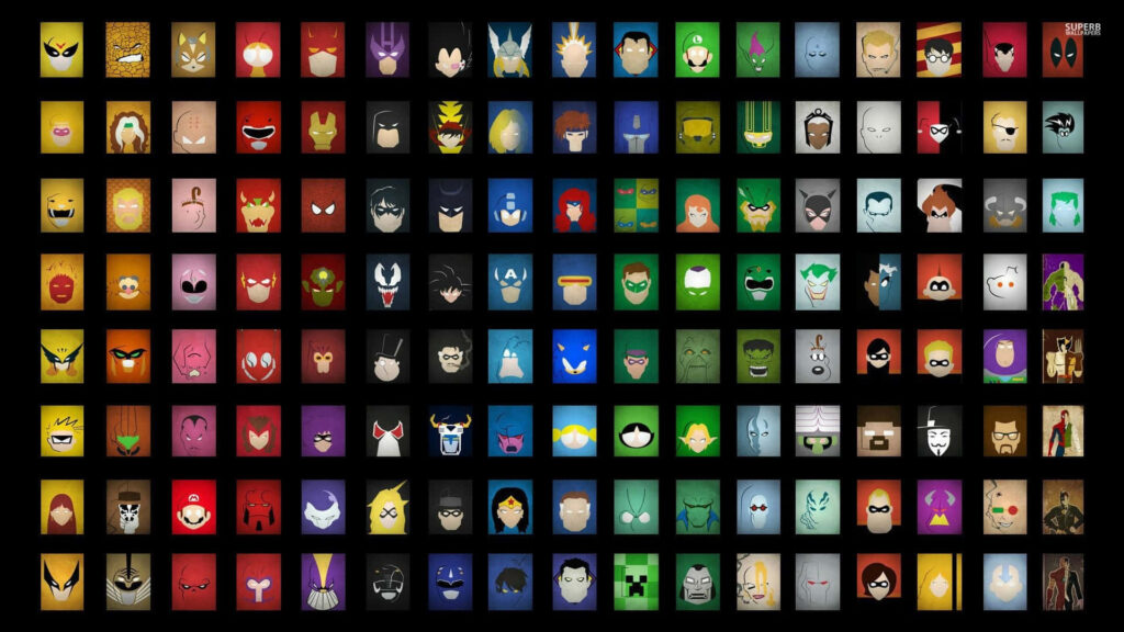 Vibrant minimalist superhero wallpaper grid featuring iconic colors and symbols background