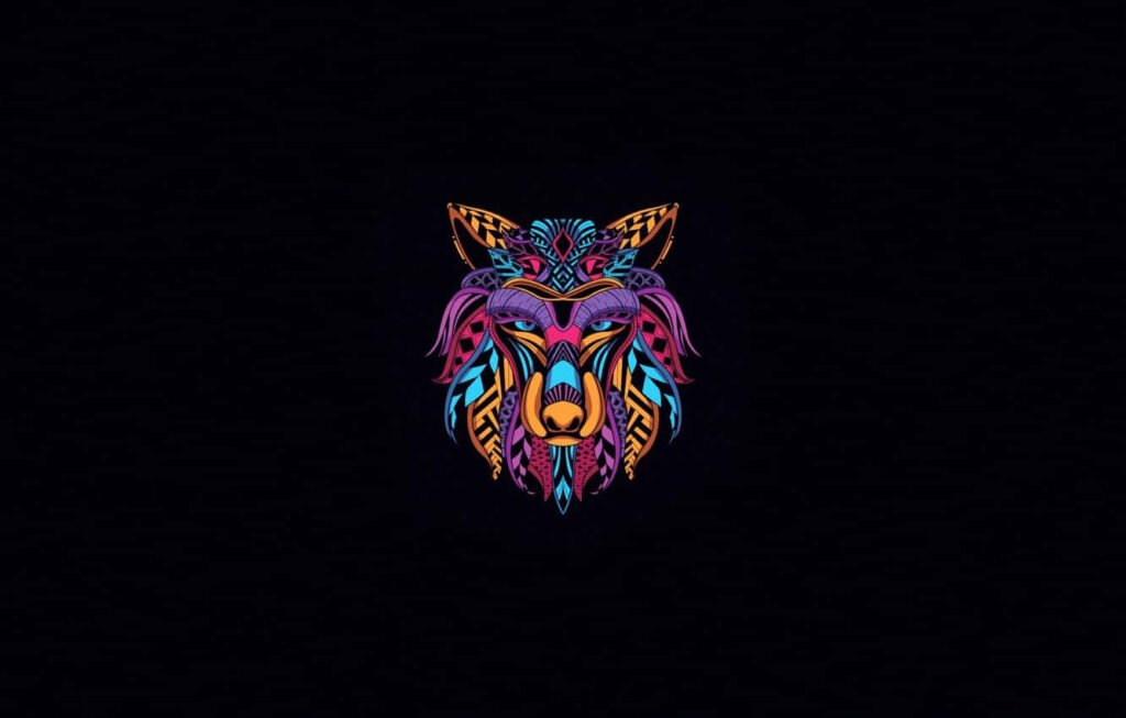 Vibrant Minimalist Wolf Face Wallpaper on Black Background