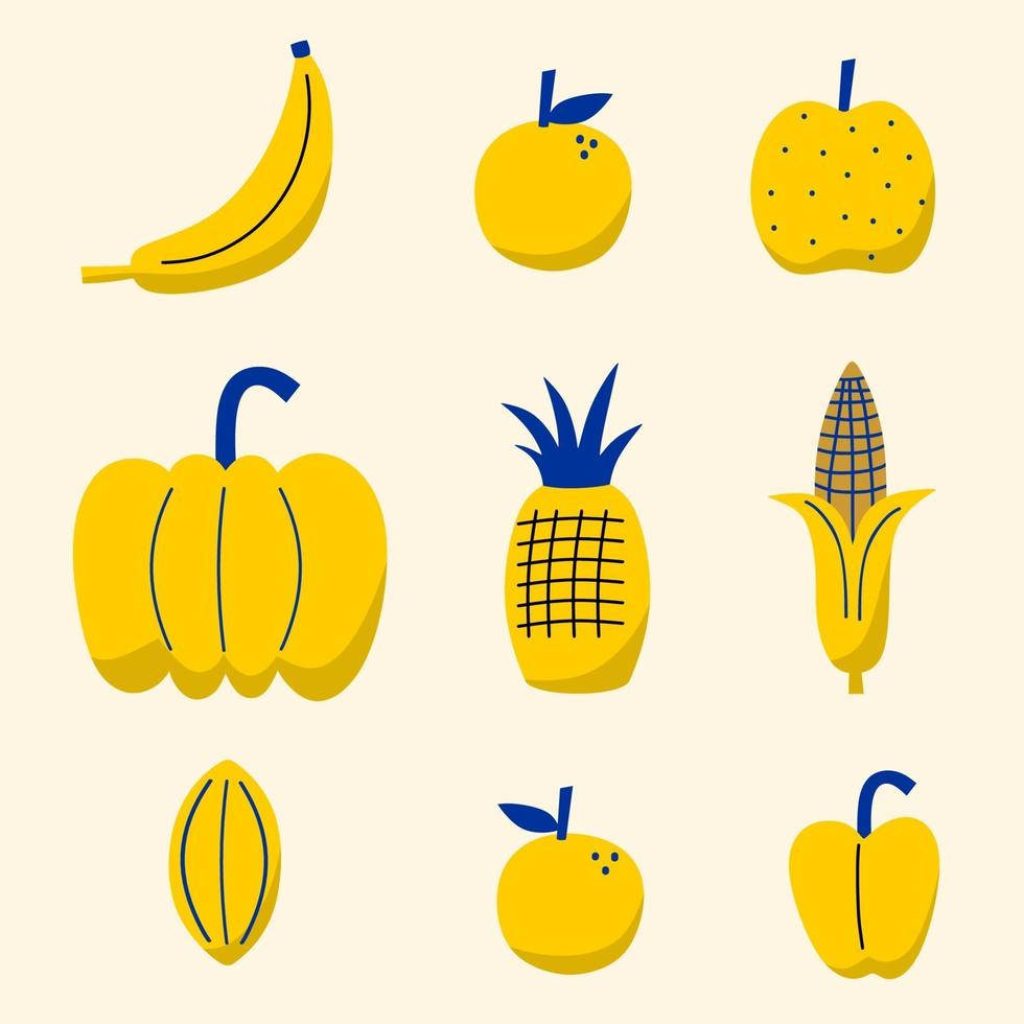 Minimalist vector wallpaper with a 3x3 grid of yellow fruits and vegetables on light background