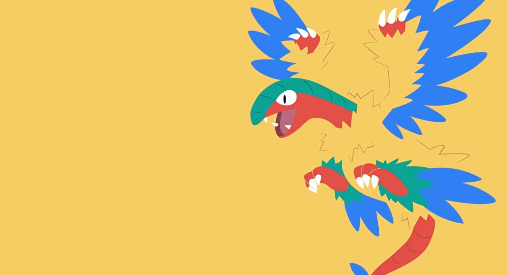 Archen Pokémon in energetic pose colorful feathers vibrant minimalistic yellow wallpaper background