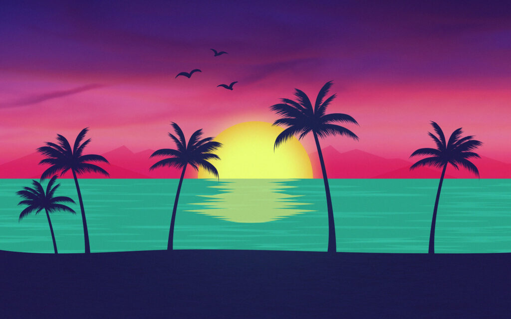 Vibrant Material Design Sunset Wallpaper Over Turquoise Waters