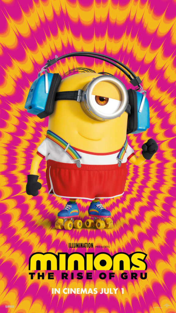 Vibrant Minion Wallpaper: Groovy Skateboarder Against Psychedelic Backdrop