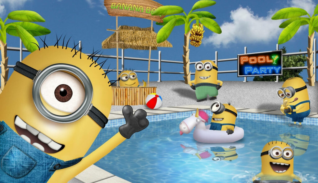 Fun Minions Pool Party Wallpaper with Palm Trees & Banana Bar