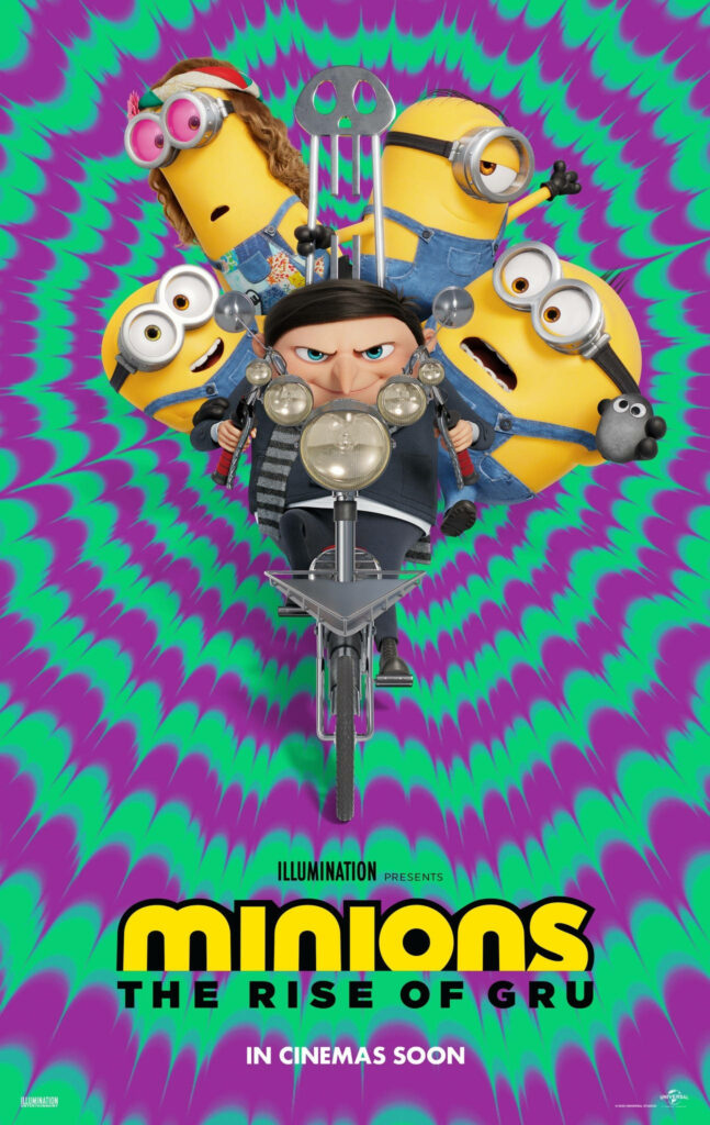 Vibrant Minions & Young Gru Wallpaper: Fun Vintage Bike Scene