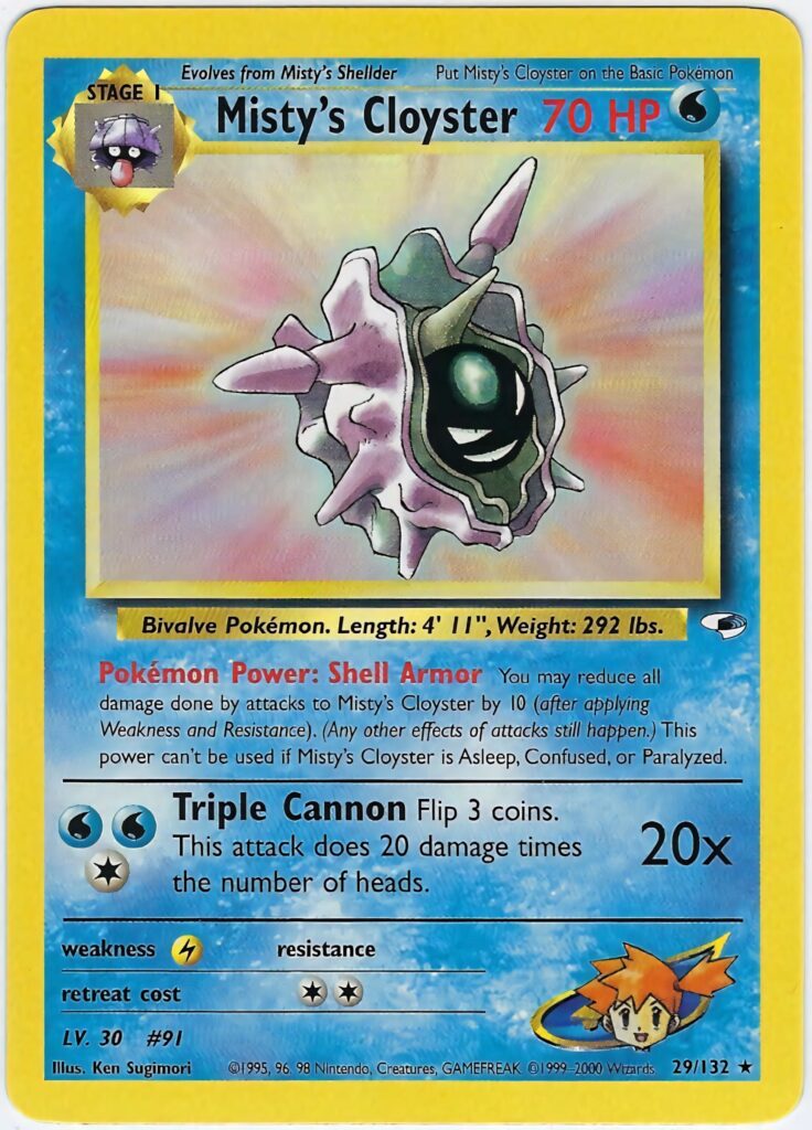 Misty's Cloyster Pokémon card wallpaper with vibrant water backdrop and bold card details