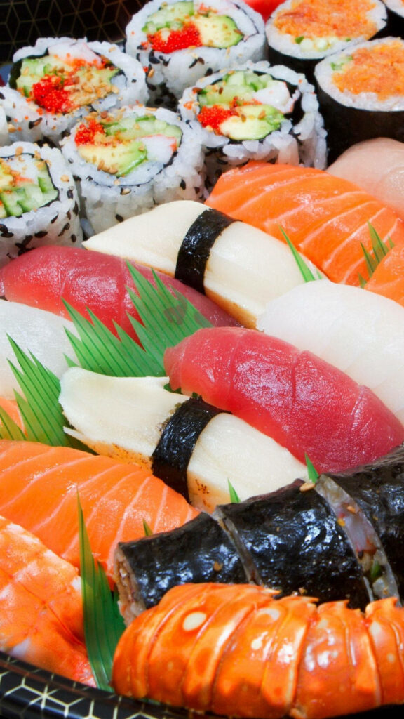 Vibrant Sashimi Wallpaper: Fresh Salmon, Tuna & Sushi Rolls Art