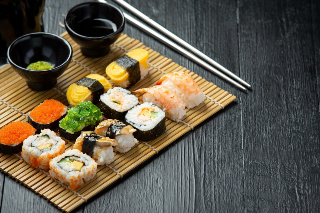 Vibrant Mixed Sashimi & Sushi Rolls - Traditional Japanese Wallpaper