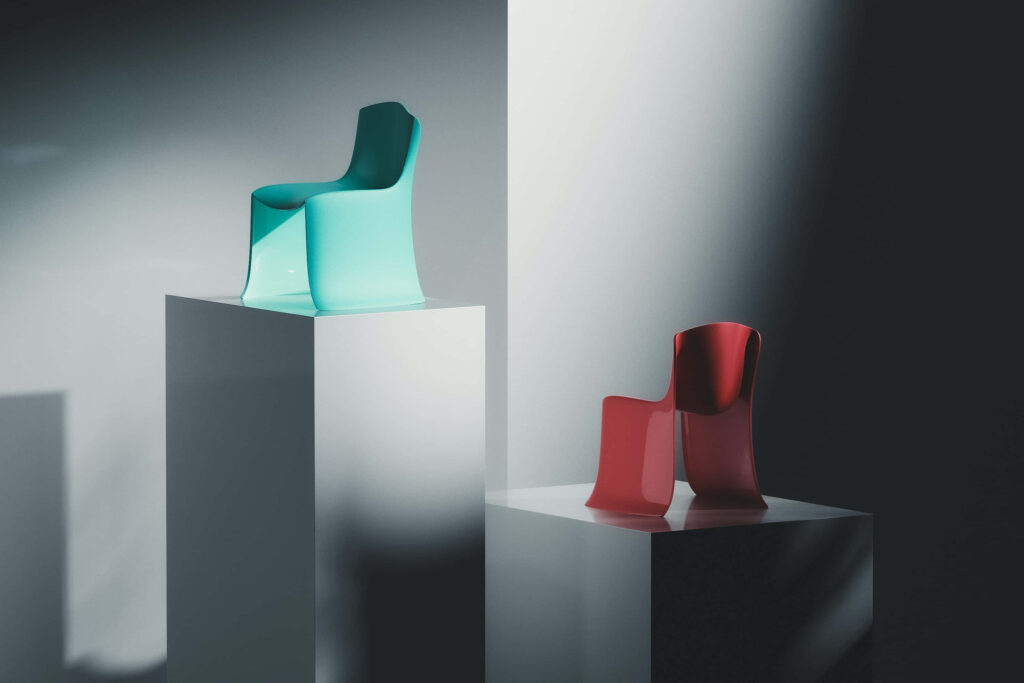 Vibrant Modern Chairs on Pedestals: Minimalist Artful Background Wallpaper