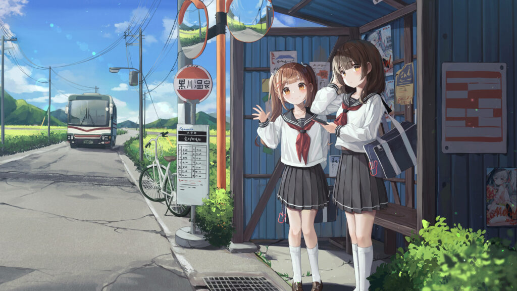 Vibrant and Relaxed: A Captivating 8k Anime Masterpiece Depicting Schoolgirls at the Bus Stop Wallpaper