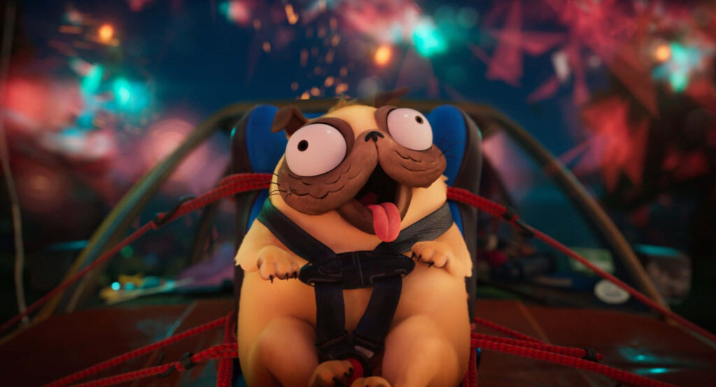 Vibrant Monchi Pug in Harness: Playful Colorful Wallpaper Background