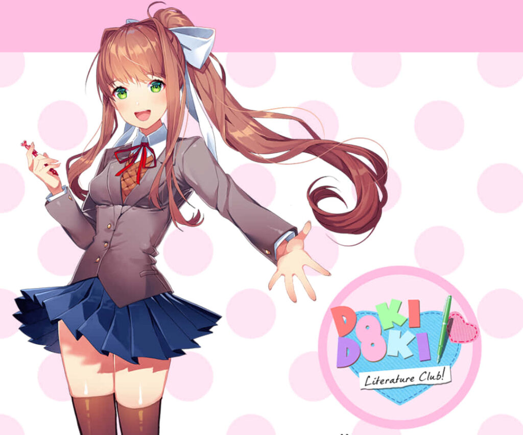 Vibrant Monika Wallpaper: Cheerful DDLC Art with Polka Dots