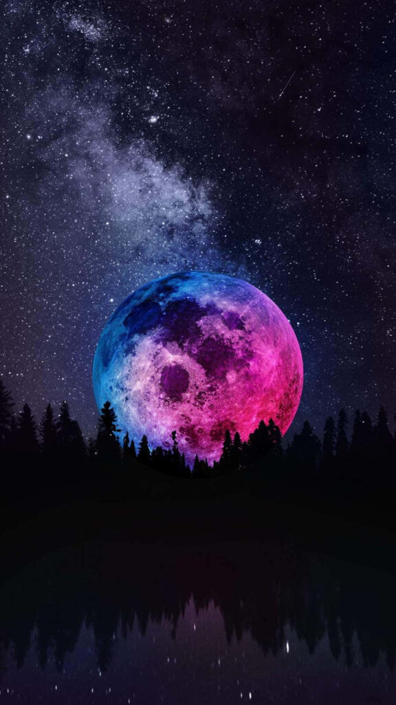 Vibrant Moon iPhone Wallpaper: Pink & Blue Starry Night Reflection